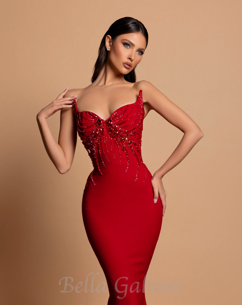 bow embellished strapless maxi dress in red