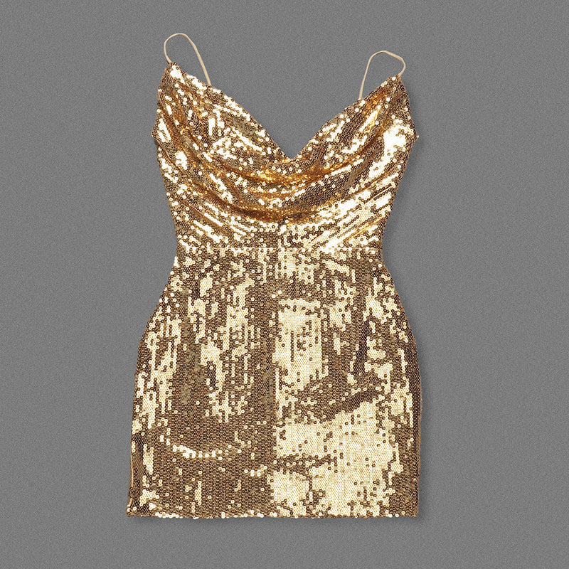 DRAPED SEQUINED TULLE MINI DRESS IN GOLD