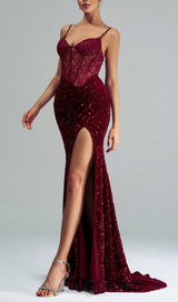 lace corset sequin maxi dress in red