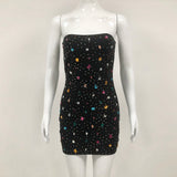 multicolor-crystal embellished black strapless mini dress