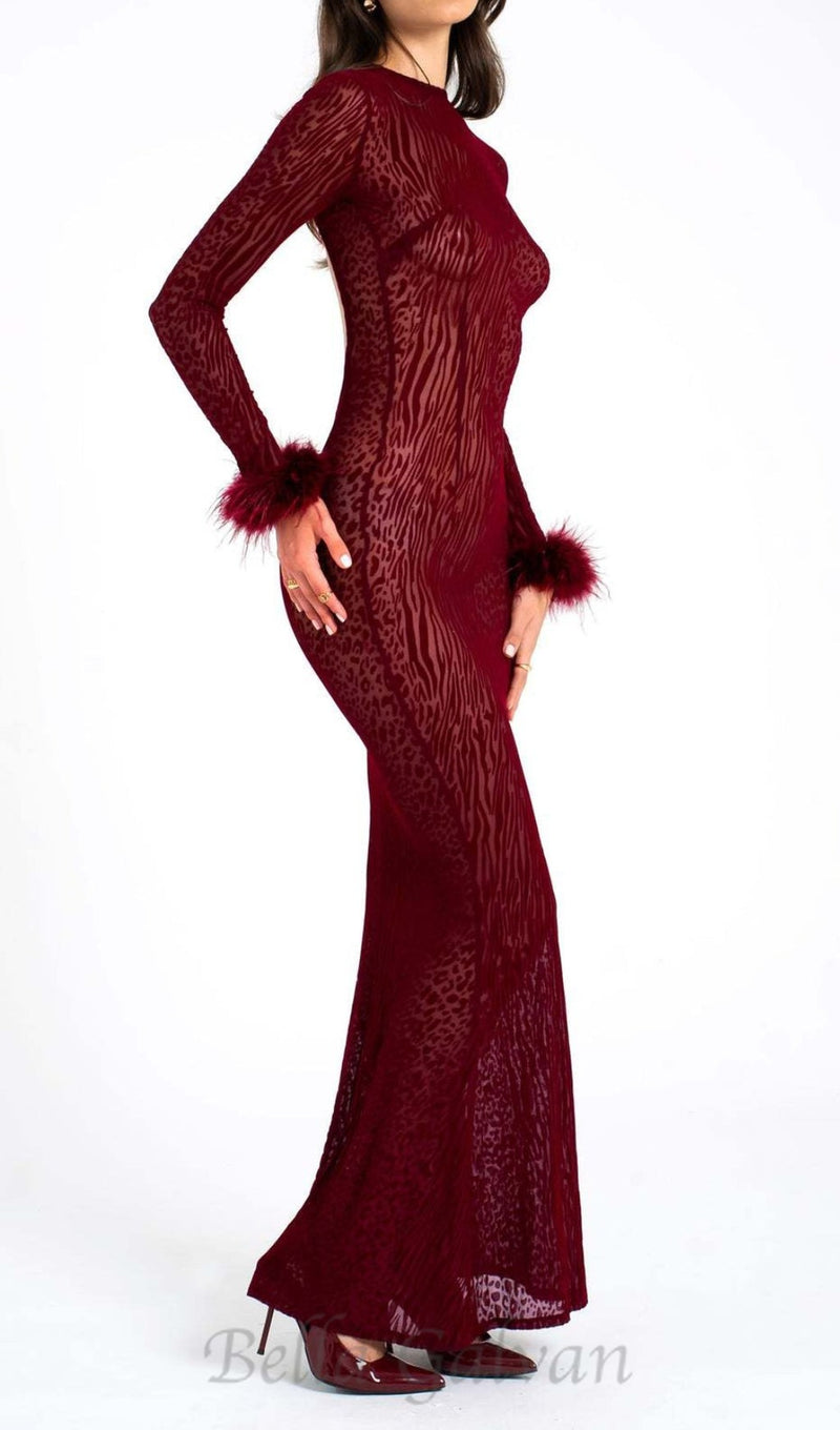 burgundy mesh feather maxi dress