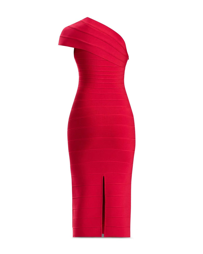 Abigail one-shoulder bandage midi Dress in rio red