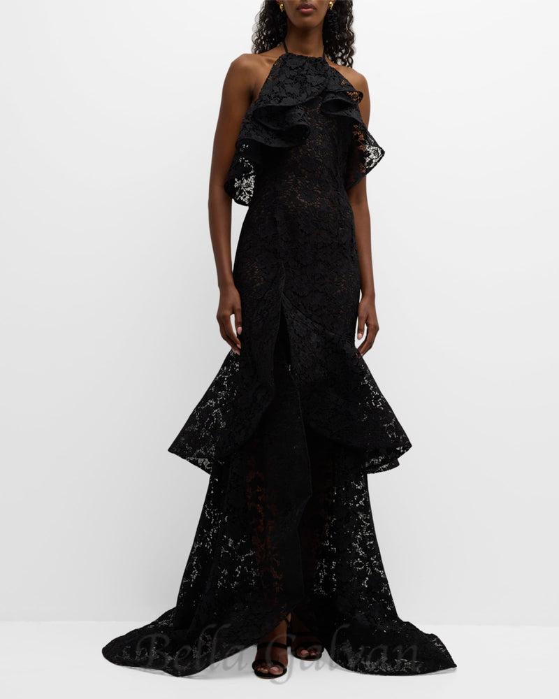 LYNN GARDENIA GUIPURE LACE RUFFLE GOWN IN BLACK