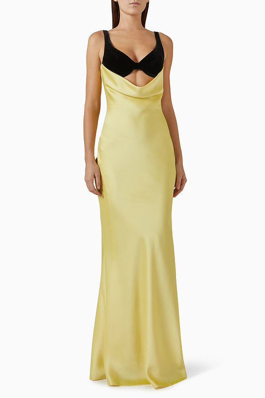 velvet bustier maxi dress in black yellow