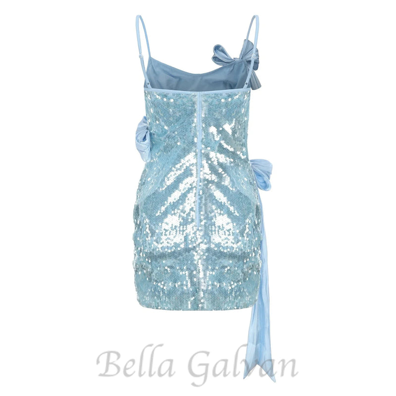 ELVIRA SEQUIN BOW SLEEVELESS MINI DRESS IN BLUE