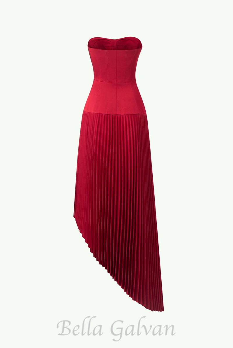 Spaghetti Strap Asymmetric Pleated midi Dress in red