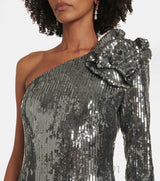 Floral-appliqué sequin gown in silver