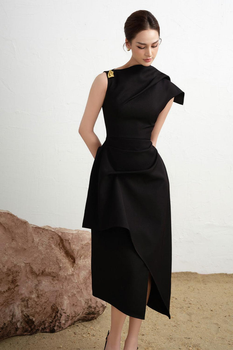 Calla Black Asymmetric Front Slit Twill Midi Dress