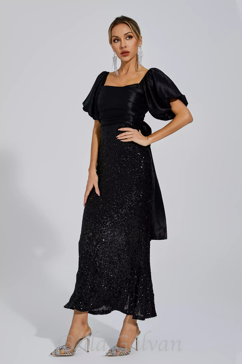 MARIA BLACK BOW SEQUINS EMBELLISHED MAXI DRESS