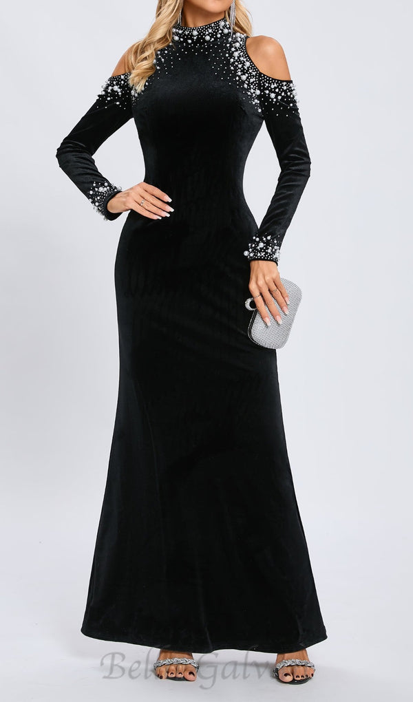 sequin embellished long sleeve maxi dress in black