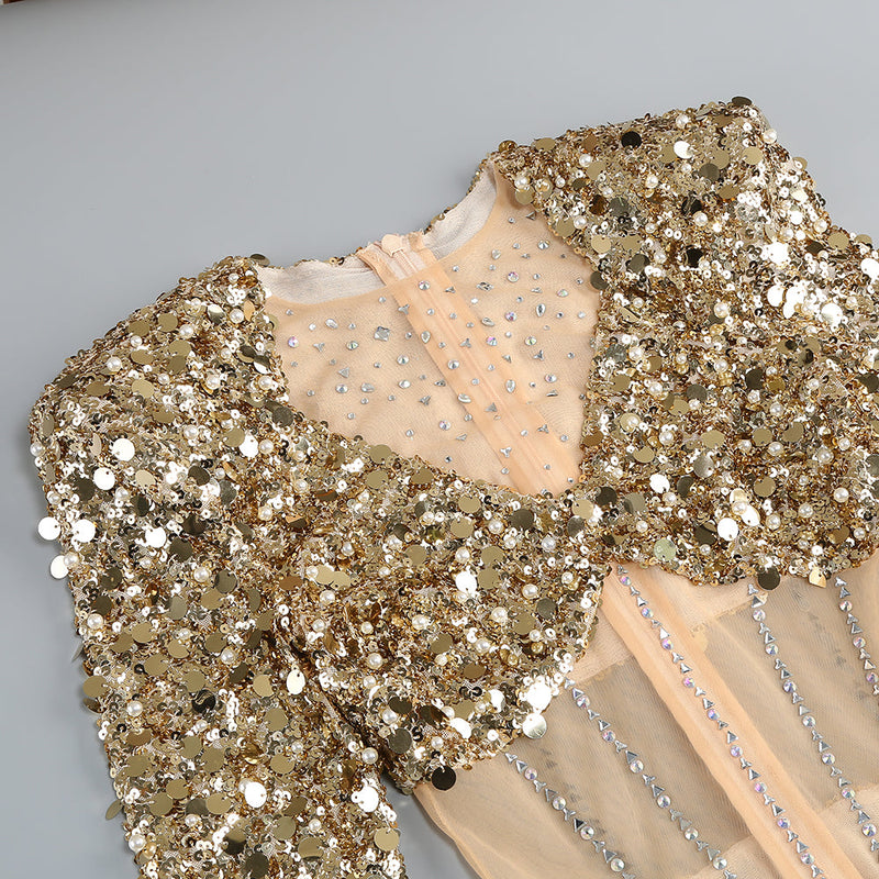 sequin long sleeve maxi dress in gold