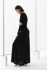 black straight boat neck knitted fabric maxi dress