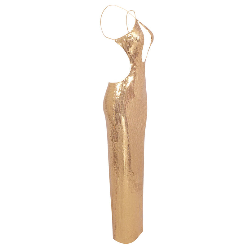 sequin hollow bodycon maxi dress in gold