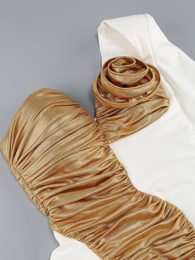 Rose Details High Sut Maxi Dress in gold white