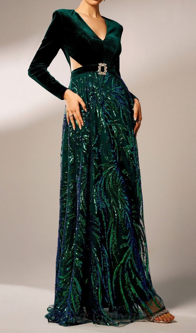 high slit sequin long sleeve maxi dress in green