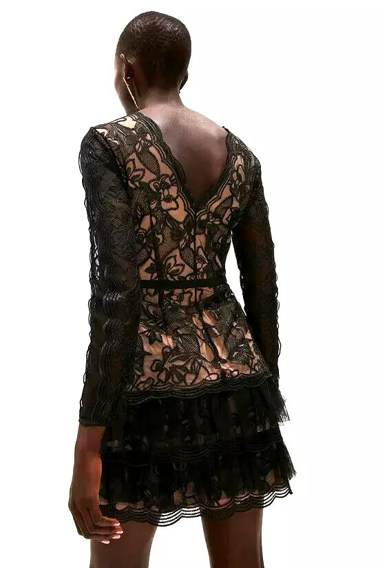 black tulle ruffle hem embroidered lace mini dress