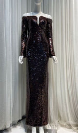 long sleeve sequin maxi dress in brown