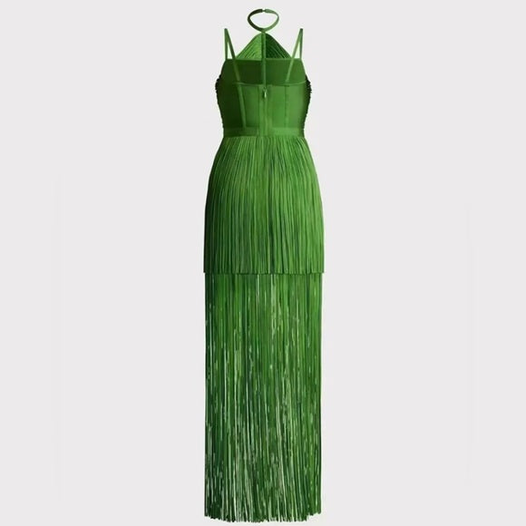 BRIANNA HALTER NECK FRINGE TASSEL DRESS IN GREEN