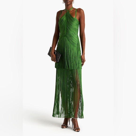 BRIANNA HALTER NECK FRINGE TASSEL DRESS IN GREEN