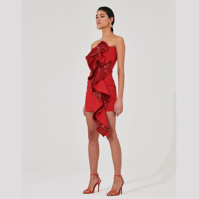 amelia sequin ruffle red mini dress