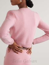 Rhinestone-embellishment padded-shoulders knitted cardigan in pink