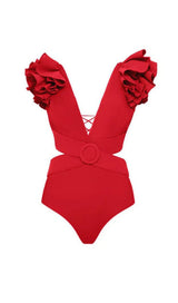 DEEP V RED CUTOUT ONE PIECE SWIMSUIT AND SKIRT