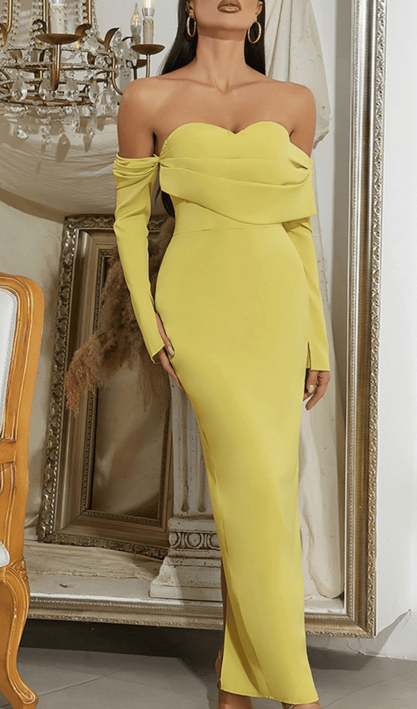 YELLOW ONE-SHOULDER STRAPLESS LONG-SLEEVED PLEATED MAXI DRESS sis label 