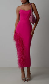FEATHER HIGH-LOW DRESS IN HOT PINK