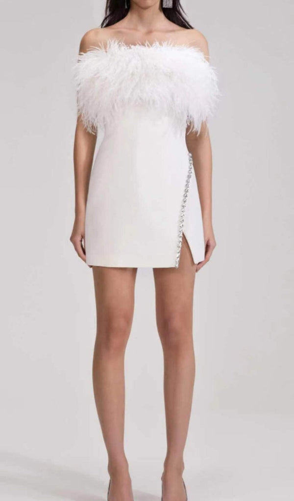 BANDAGE FEATHER CRYSTAL MINI DRESS IN WHITE