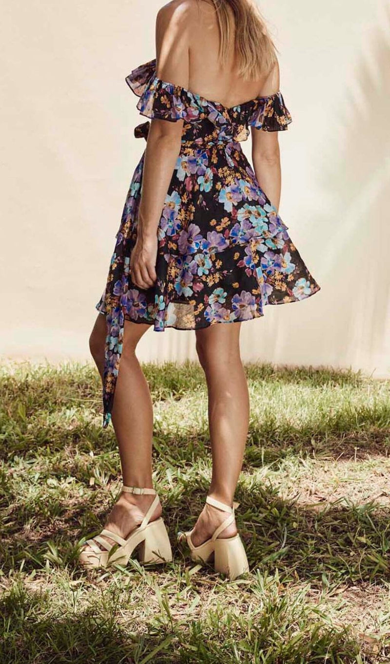 FLORAL-PRINT OFF-SHOULDER MINI DRESS IN PURPLE DRESS STYLE OF CB 