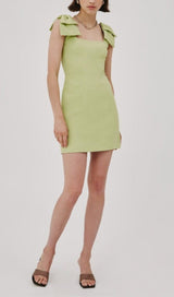 SQUARE NECK BOW DETAIL MINI DRESS IN GREEN