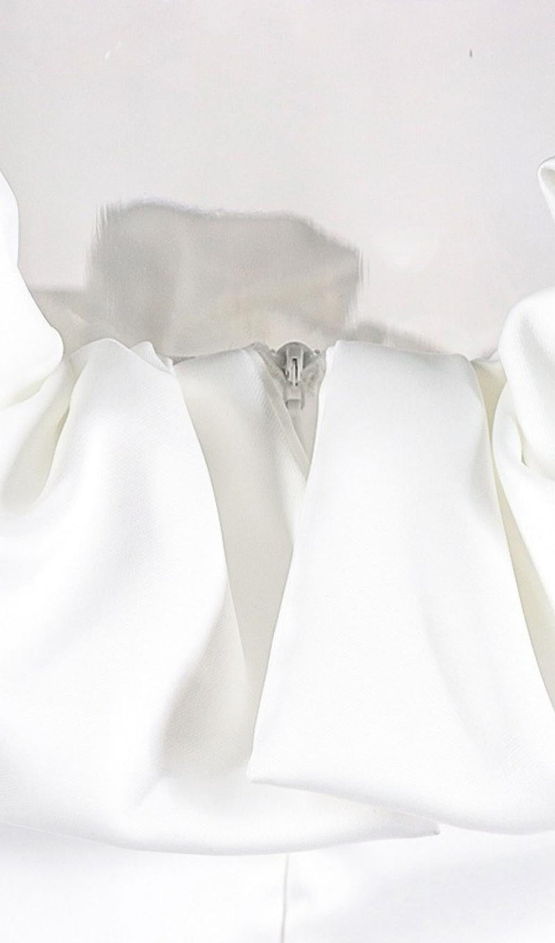 WHITE OFF SHOULDER FRILL MINI BODYCON DRESS