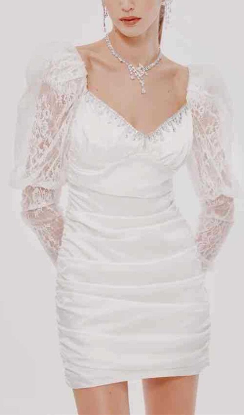 PLEATED DRESS WITH LACE PUFFED SLEEVES IN WHITE-Oh CICI SHOP