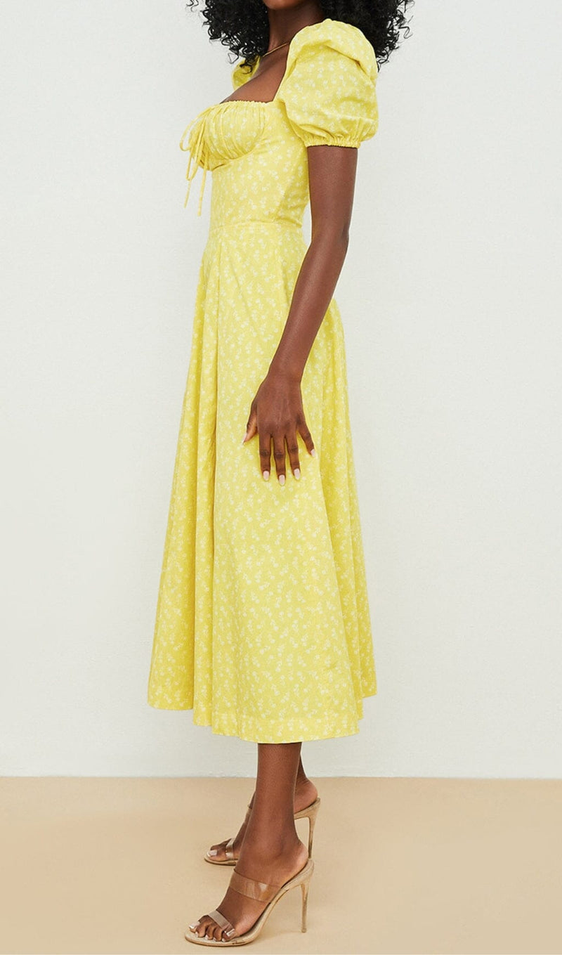 VINTAGE FLORAL PUFF SLEEVE MIDI DRESS IN YELLOW styleofcb 