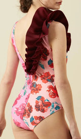 RUFFLED FLORAL PRINT SPLICING ONE PIECE SWIMSUIT