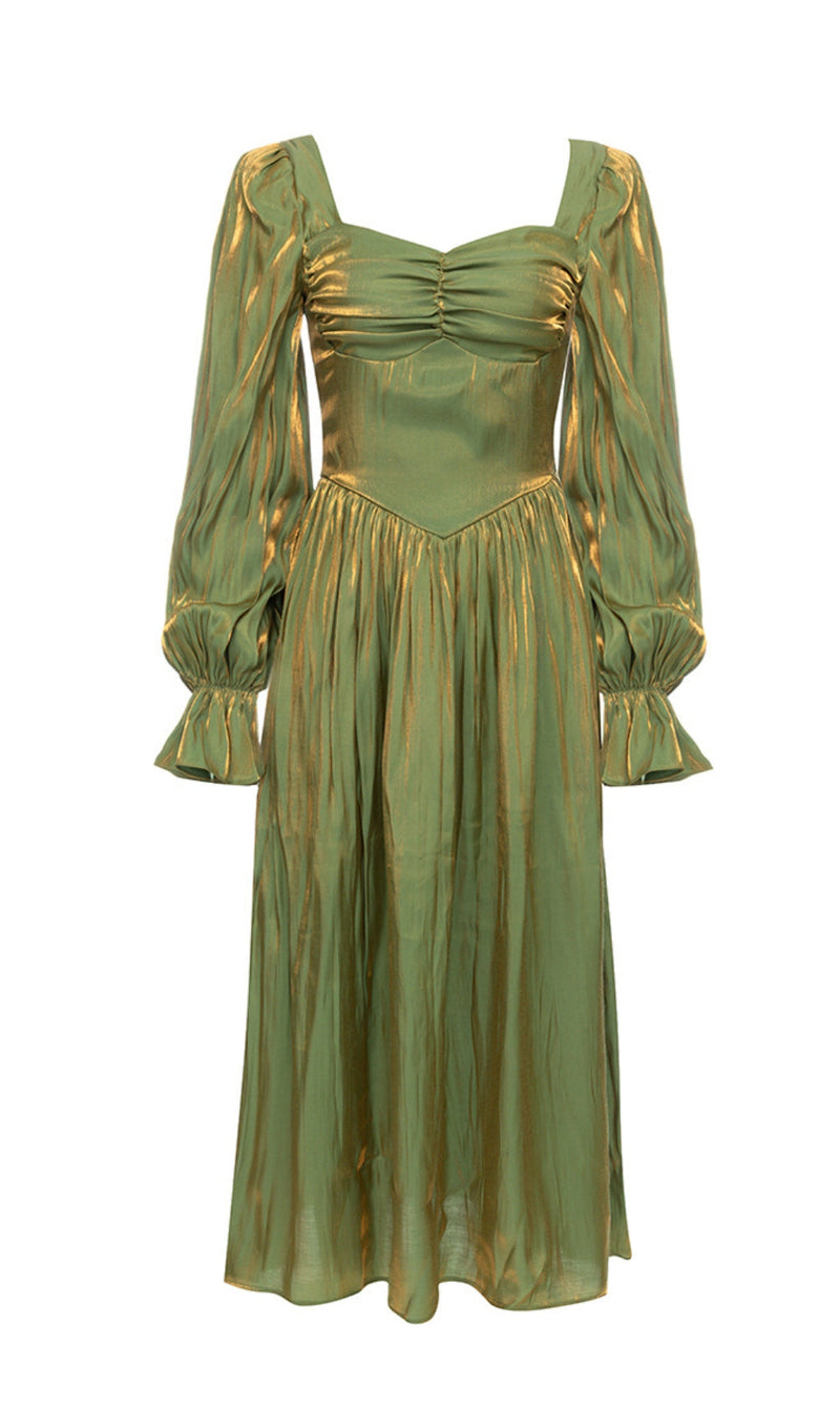 GREEN LOW-CUT PUFF SLEEVE PLEATED LOOSE DRESS