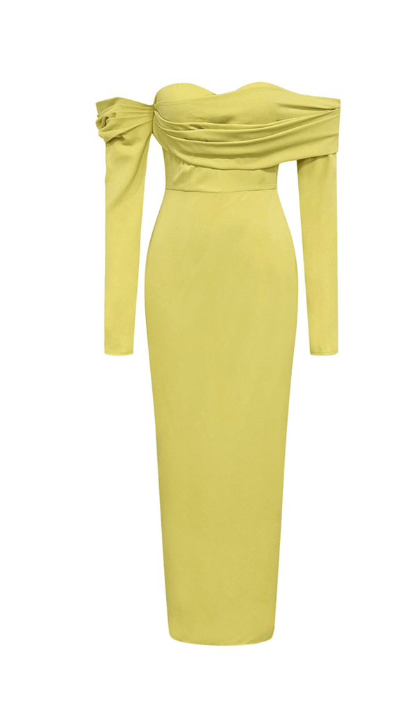 YELLOW ONE-SHOULDER STRAPLESS LONG-SLEEVED PLEATED MAXI DRESS sis label 