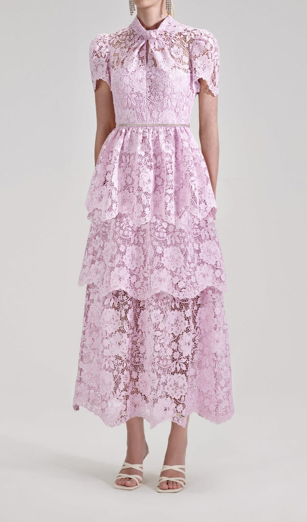 CORD LACE TIERED MIDI DRESS IN PINK