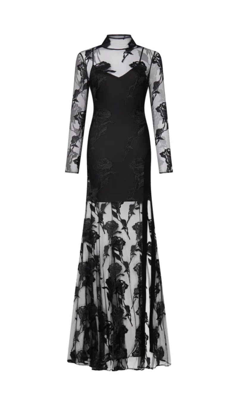 EMBROIDERED MESH FLORAL MAXI DRESS IN BLACK