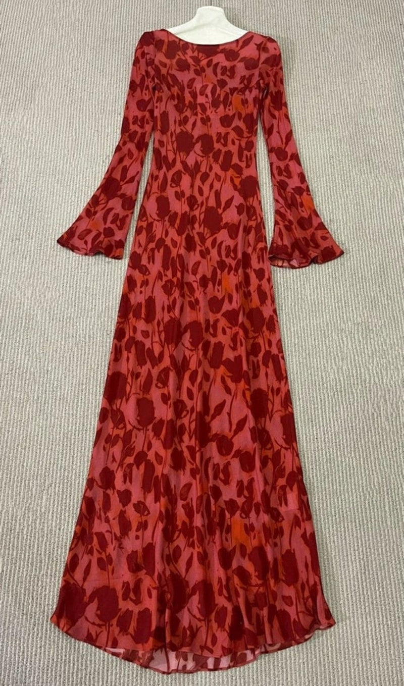 ROSE PRINT FLARE MAXI DRESS IN RED DRESS STYLE OF CB 