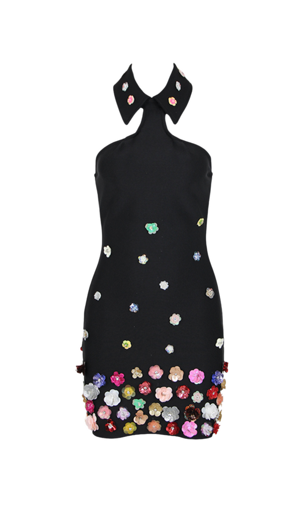 HALTER EMBELLISHED FLOWERS MINI DRESS