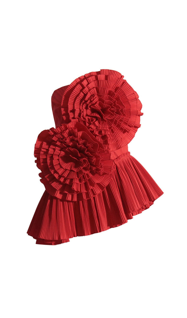 STRAPLESS FLOWER PLEATED TOP IN RED