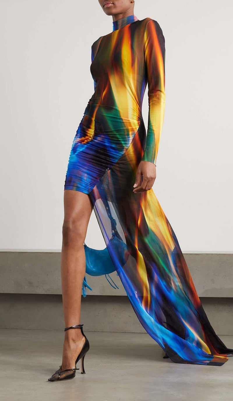 ASYMMETRIC PRINT FRONT MINI DRESS IN COLORFUL DRESS STYLE OF CB 