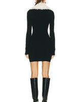 FLUFFY COLLARED ZIP DETAILED KNIT MINI DRESS