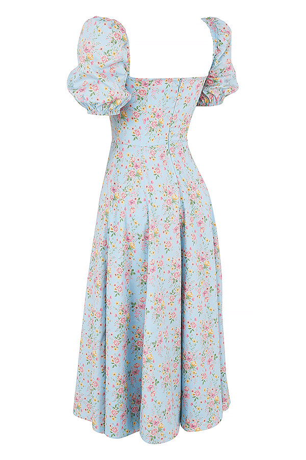 BLUE VINTAGE FLORAL PUFF SLEEVE MIDI DRESS