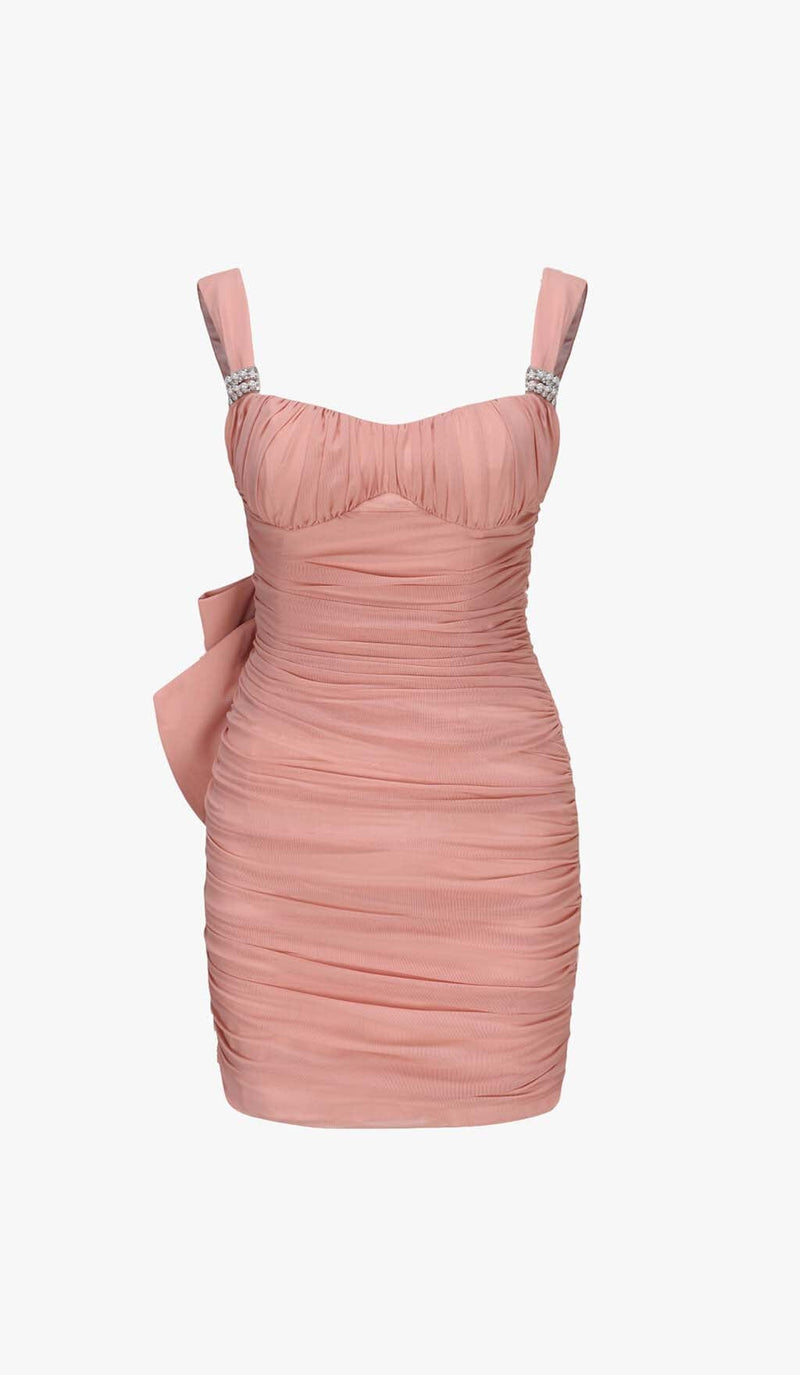 BOW DETAIL PLEATED MINI DRESS WITH GLOVES IN PINK