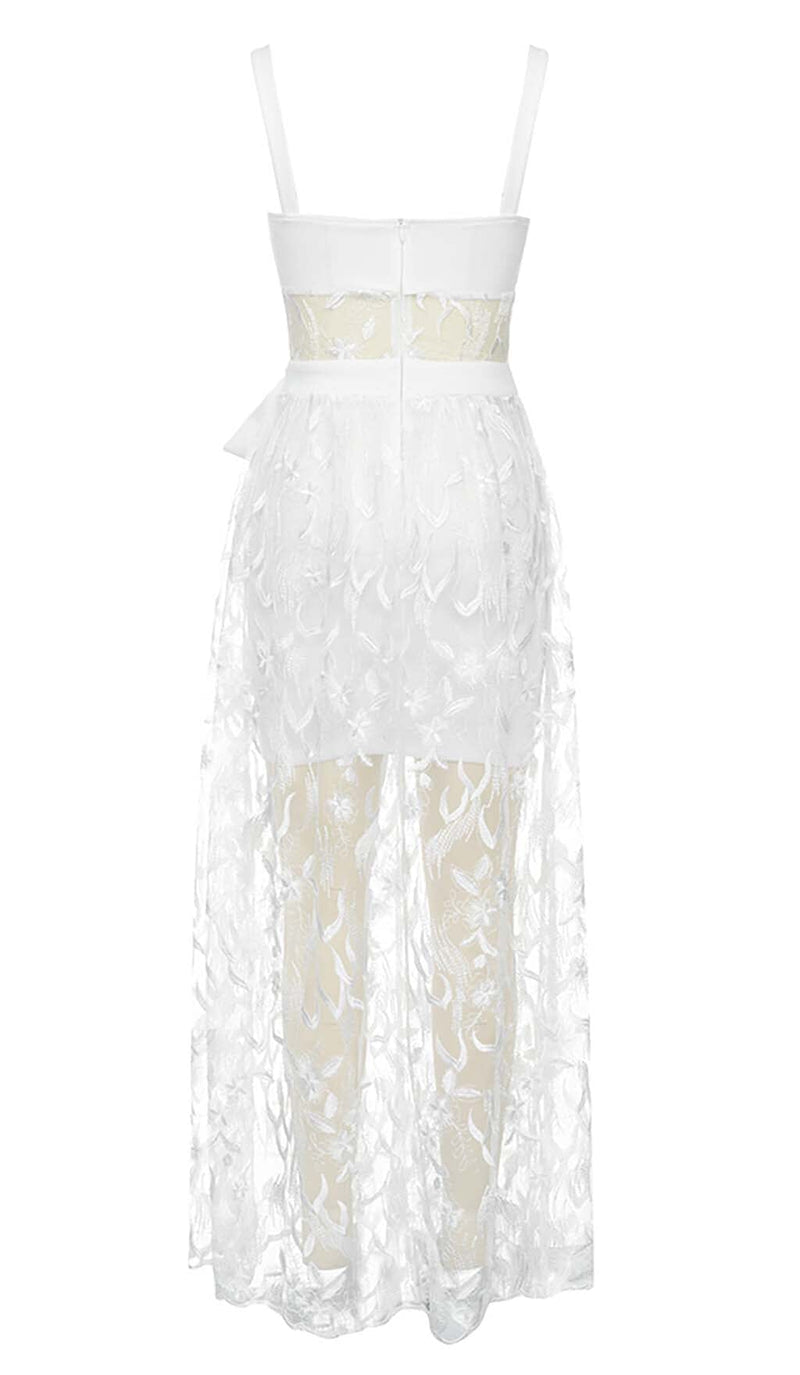 BOW-EMBELLISHED LACE MIDI DRESS IN WHITE