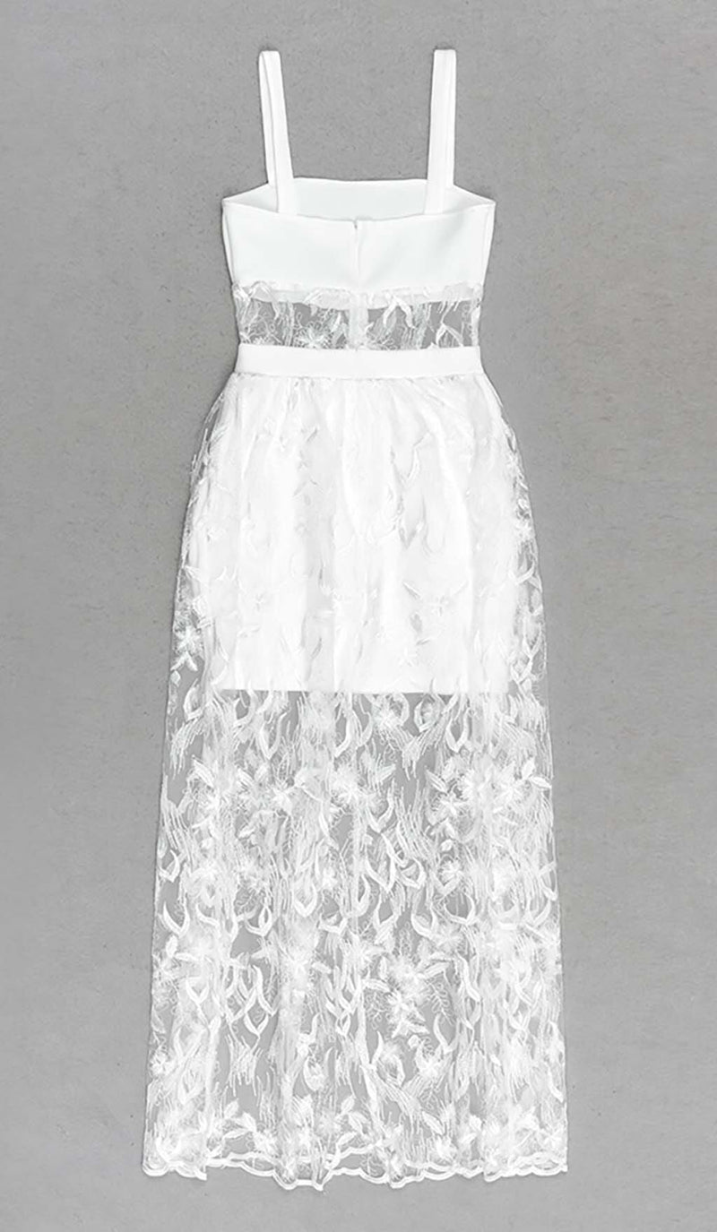 BOW-EMBELLISHED LACE MIDI DRESS IN WHITE
