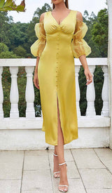 BUTTON FRONT SPLIT THIGH MIDI DRESS IN YELLOW DRESS sis label 