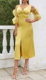 BUTTON FRONT SPLIT THIGH MIDI DRESS IN YELLOW DRESS sis label 